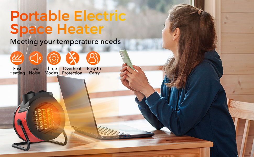 Text reads 'Portable Electric Space Heater'. Series of images showing an orange-glowing portable heater in use in different home office settings.