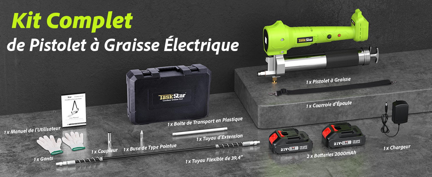 comprenant un pistolet vert vif, un étui, des accessoires et des batteries. Le texte français identifie les composants.