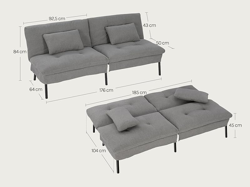 Divano imbottito grigio con misure di dimensione etichettate. Sono mostrate due viste: posizione ripiegata e posizione piatta estesa. Mobili trasformabili dal design moderno con gambe in metallo.