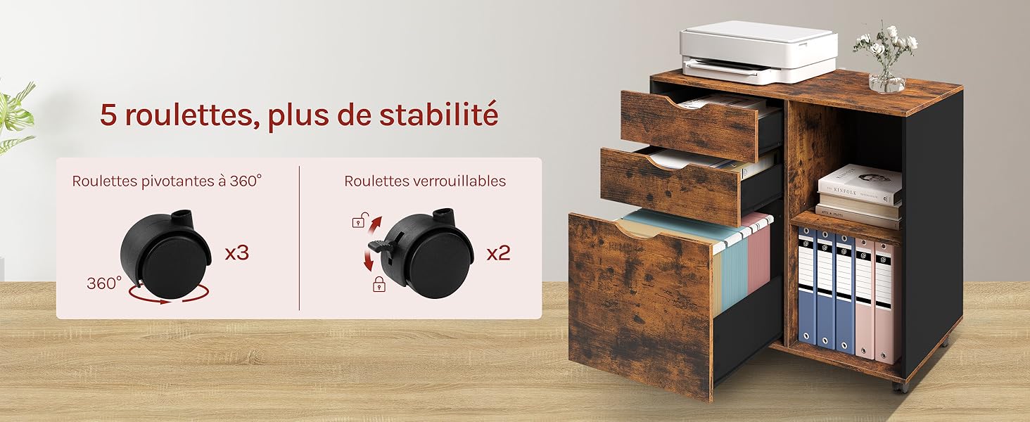 caisson bureau meuble rangement armoire 3 tiroirs 2 compartiments casiers ouverts 5 roulettes mobile