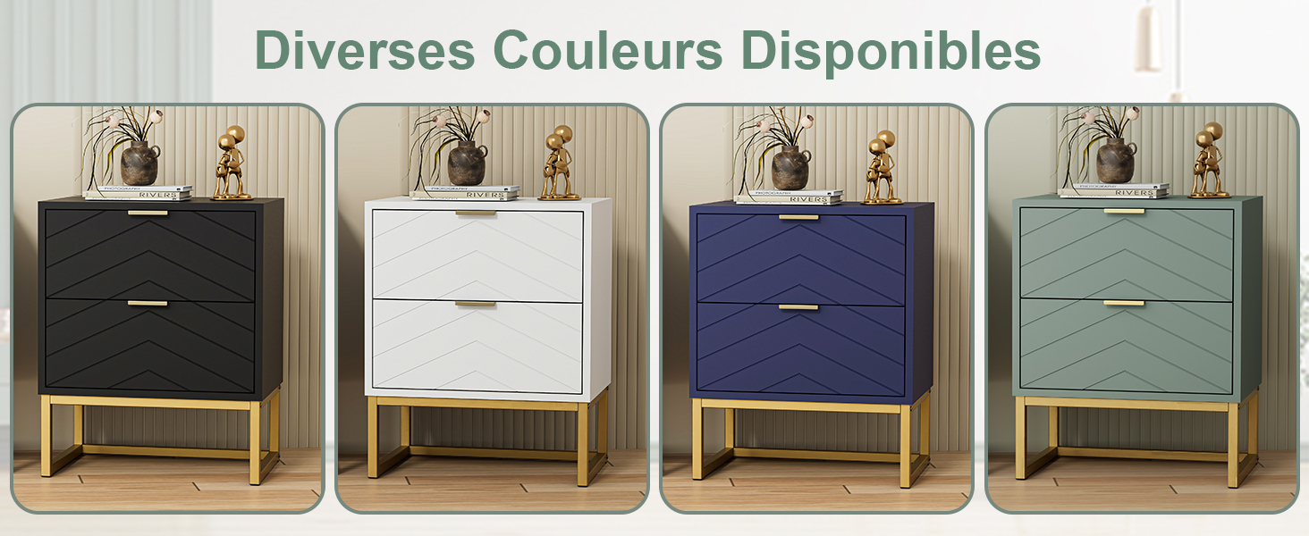 Le texte indique « Diverses couleurs disponibles ». Présentoir de produit présentant quatre variations de couleurs d'un banc ou d'un meuble de rangement moderne avec structure en métal doré.