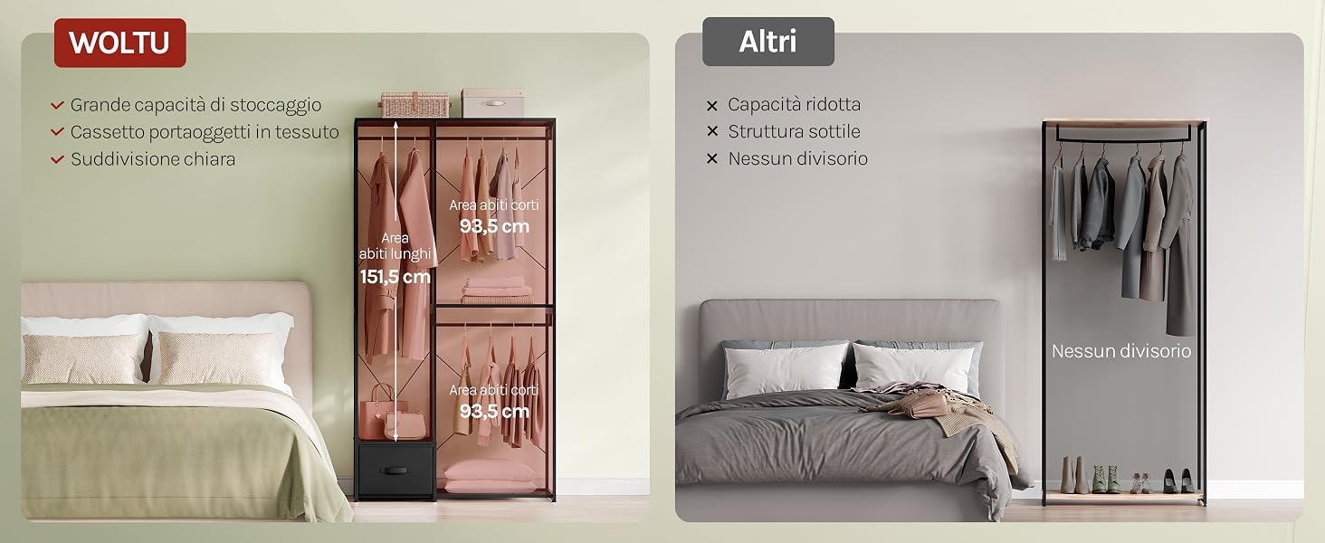 Due configurazioni organizzative affiancate che mostrano sistemi di armadi a parete con scaffali, aste sospese e vani organizzativi in legno naturale e finiture grigie con specifiche del prodotto.