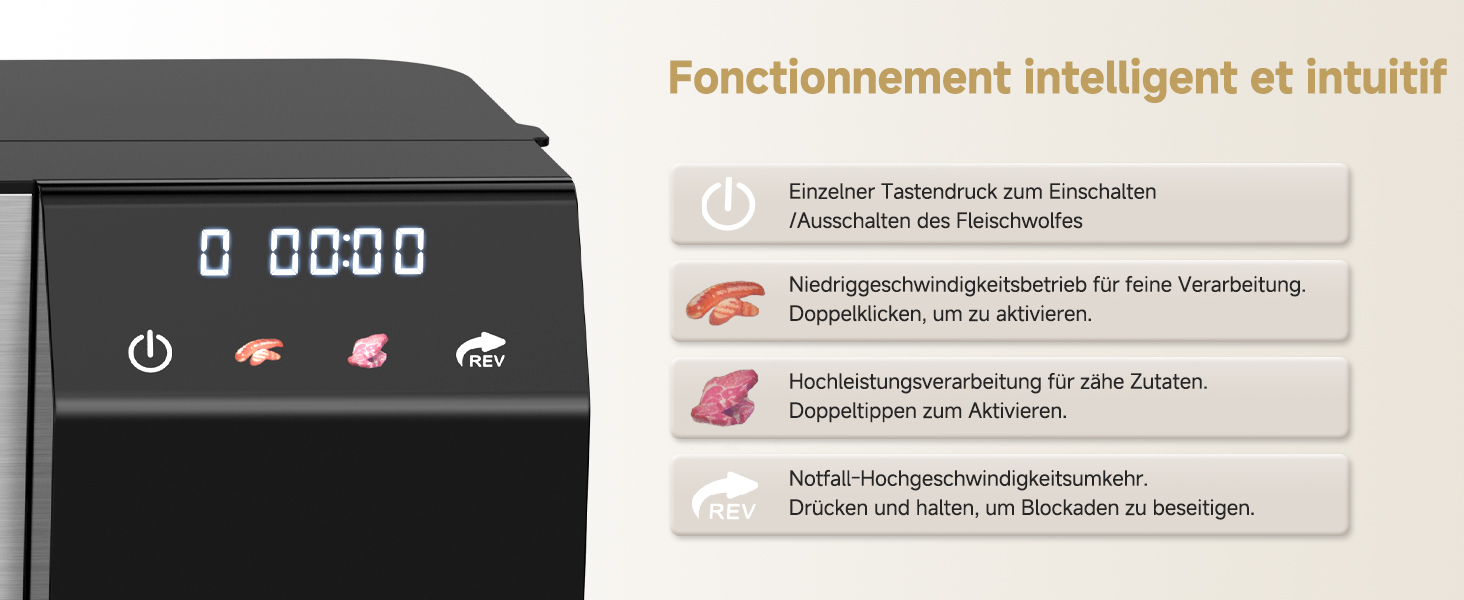 Appareil électronique noir avec affichage numérique indiquant 0:00:00. L'interface comporte un bouton d'alimentation et des icônes pour différentes fonctions. Le texte en plusieurs langues décrit le fonctionnement intelligent.