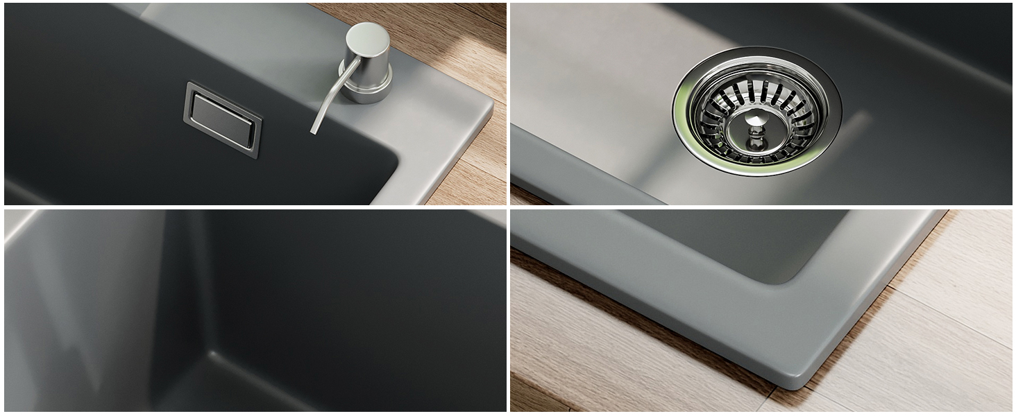 Vierteilige Produktdetailansicht mit Laptop-Computerteilen: Tastaturbereich, kreisförmiges Zifferblatt/Knopfdetail, Nahaufnahme der strukturierten Oberfläche und Eckkantendetails. Schwarz/dunkelgraue Materialien sichtbar.