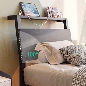 Text reads '100°'. Wall-mounted floating shelf displaying tablet, books, and decorative items, shown with angled bracket demonstrating mounting system on bedroom wall.