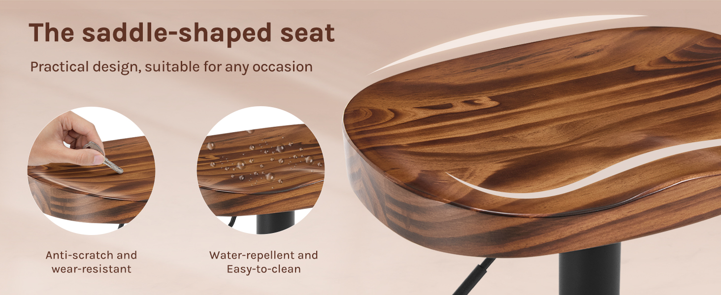 Wooden saddle-shaped seat with curved edges. Features anti-scratch, wear-resistant, and water-resistant properties. Smooth surface showcases natural wood grain patterns.