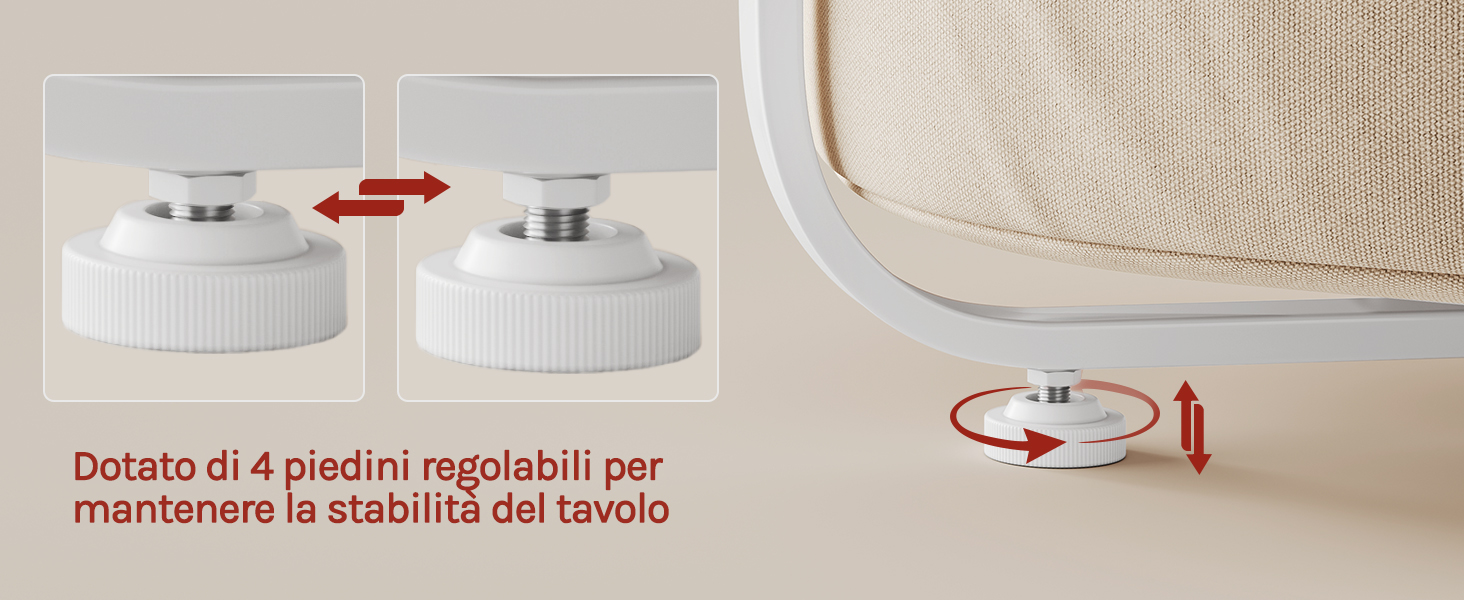 Il testo recita 'Image 4' e 'Durata di 4 piedini regolabili per mantenere la stabilità dei tavoli'. Illustrazione del prodotto che mostra i piedini regolabili dei mobili con frecce direzionali.