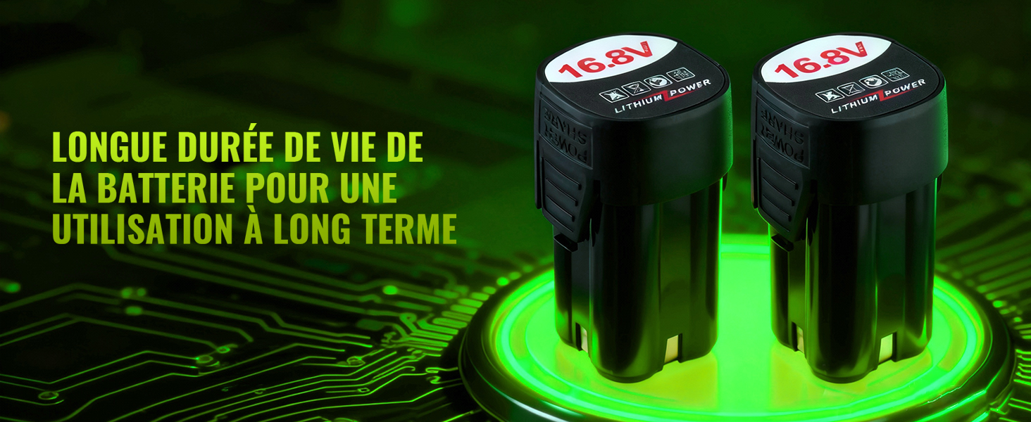 Le texte se lit comme suit : « LONGUE DURÉE DE VIE DE LA BATTERIE POUR UNE UTILISATION À LONG TERME ». Photo du produit teintée en vert montrant des composants électroniques.