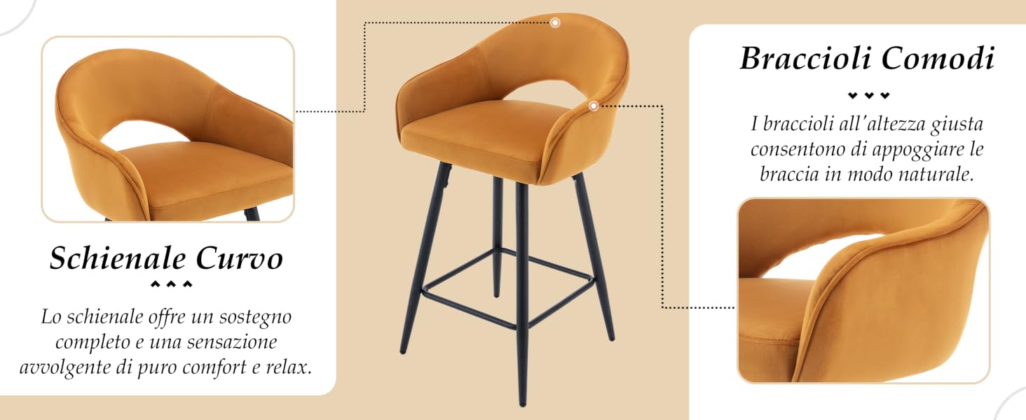 giallo senape con schienale e braccioli curvi. Presenta una seduta arrotondata, gambe in metallo e un design confortevole che enfatizza il supporto della schiena e
