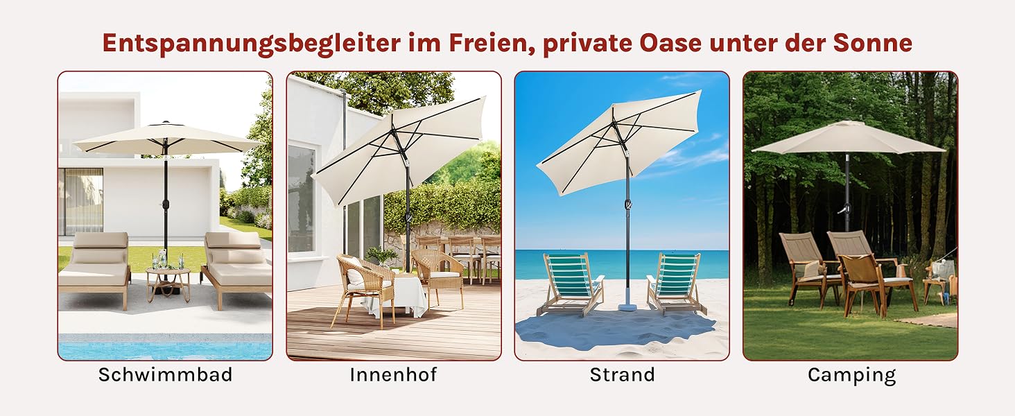 Vier Außenszenen mit einem großen weißen Sonnenschirm in verschiedenen Umgebungen: Pool, Innenhof, Strand und Campingplatz. Jedes Bild zeigt, wie vielseitig der Sonnenschirm Schatten spendet.