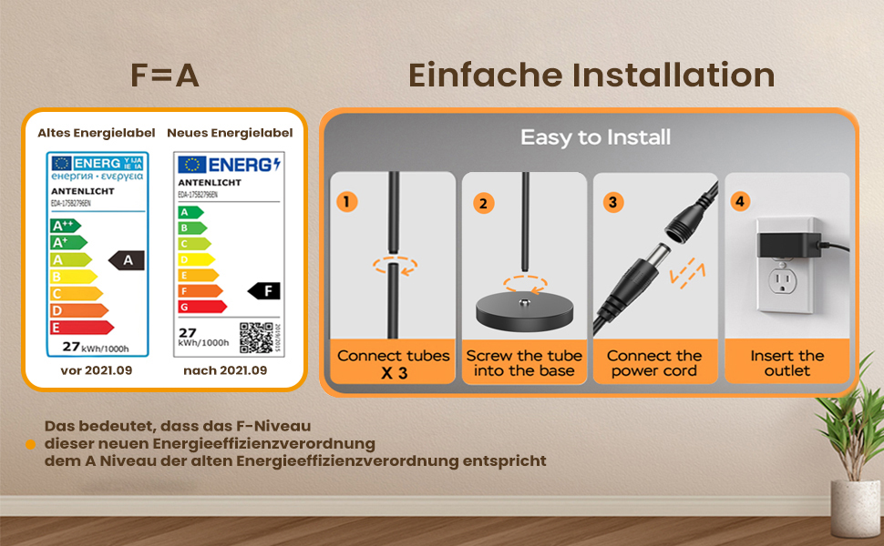 Installationsanleitung für ein Produkt mit vier Schritten: Röhren anschließen, Stange in den Sockel stecken, Netzkabel anschließen und in die Steckdose stecken. Energieeffizienzkennzeichnungen werden ebenfalls angezeigt.