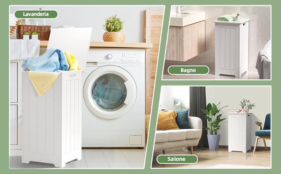 Mobiletto Portabiancheria In Bambù COSTWAY - Cesto 68L Ribaltabile Con Ripiano - 50x35x64cm