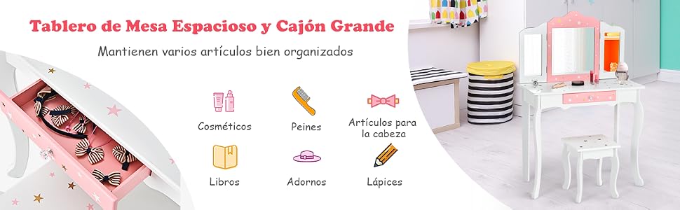 Set Mesa Tocador y Taburete para Niños