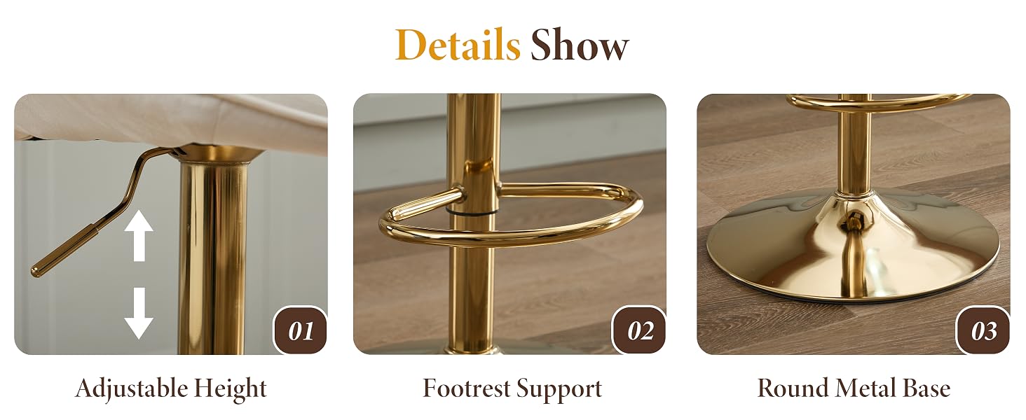 Text reads 'Details Show', 'Adjustable Height', 'Forked Support', 'Round Metal Base'. Technical diagram showing pendant light fixture components and mounting details.