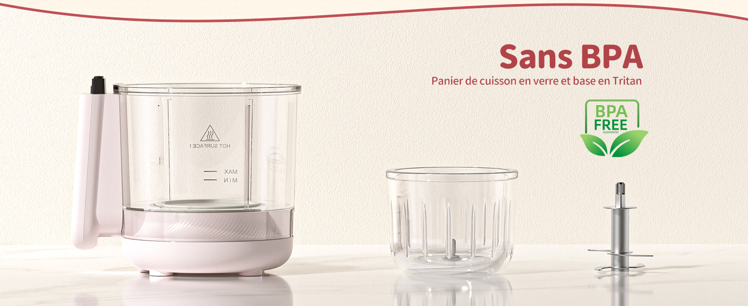 Le texte indique « Sans BPA » avec une icône sans BPA. Contenants ou bouteilles en plastique transparent illustrés dans la présentation du produit sur fond beige.