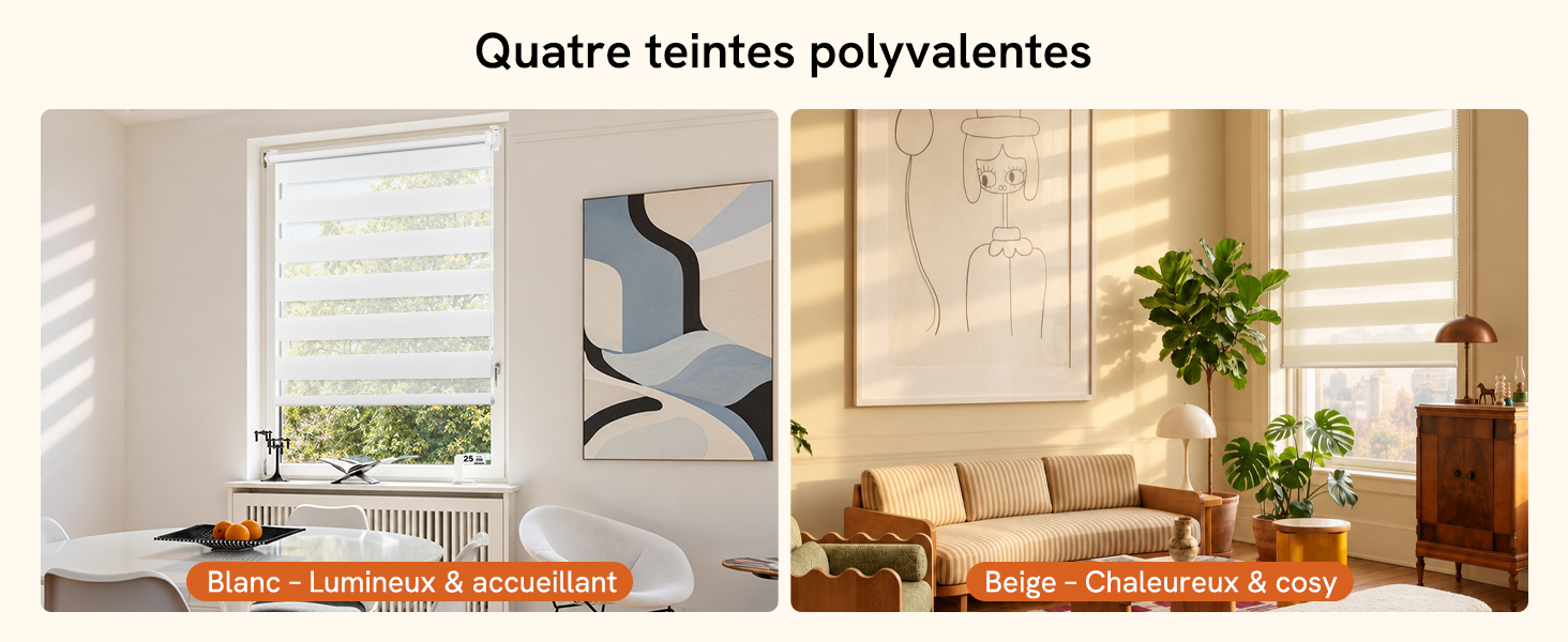 Le texte se lit comme suit : « Quatre Teintes polyvalentes ». Images de design d'intérieur à écran partagé montrant les traitements des fenêtres et le style de la pièce avec plusieurs options de palette de couleurs neutres affichées.