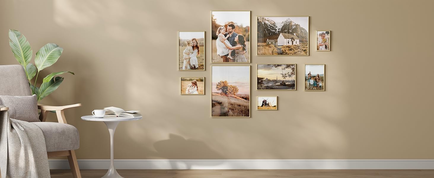 Espositore da parete con più foto incorniciate disposte in stile collage. Include una pianta in vaso nell'angolo e uno sfondo beige da parete.