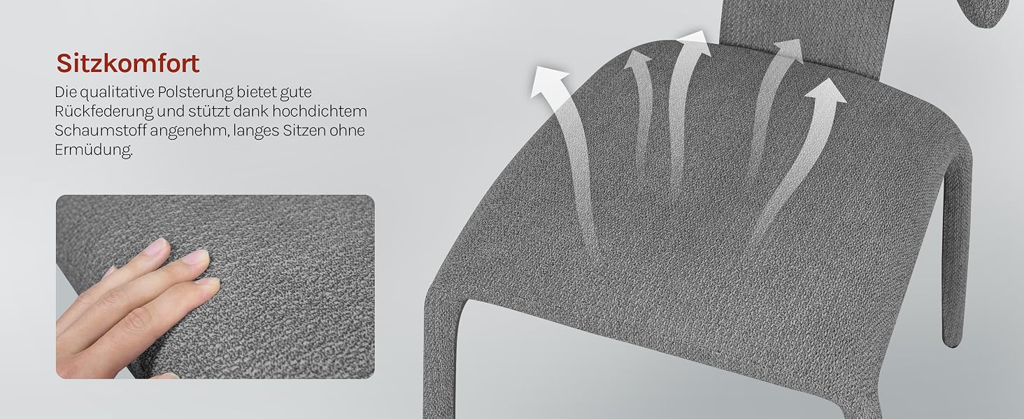 Der Text lautet 'Sitzkomfort'. Sequenz, die die Wechselwirkung mit grauem strukturiertem Material zeigt und die Materialeigenschaften oder den Installationsprozess demonstriert.
