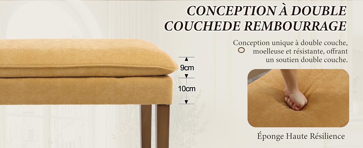 Le texte se lit comme suit : « CONCEPTION À DOUBLE COUCHE DE REMBOURRAGE ». Vue rapprochée d'un matériau de rembourrage d'un coussin ou d'un matelas montrant une structure en couches.