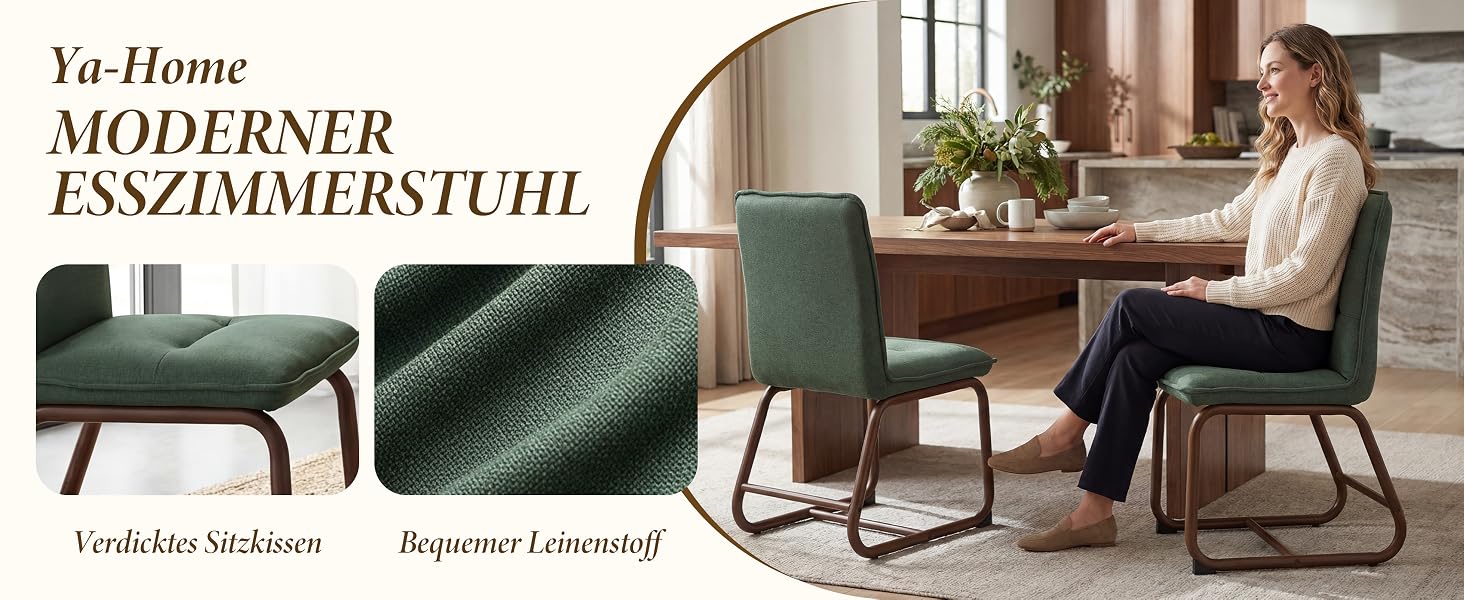 Der Text lautet „Yu Home MODERN-R ESSZIMMERSTUHL“. Bilderserie, die einen modernen Esszimmerstuhl aus grünem Samt mit geschwungenem Holzrahmen in verschiedenen Winkeln zeigt.