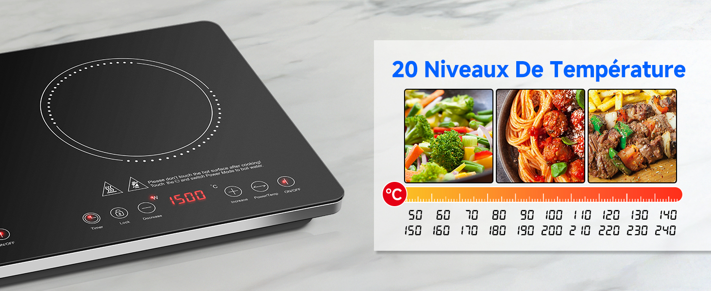 Table de cuisson à induction noire élégante avec zone de cuisson circulaire, affichage numérique et commandes tactiles. Le graphique ci-contre montre 20 niveaux de température avec des images d'aliments, allant de 50 °C à 240