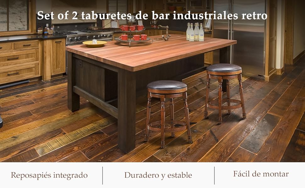 Taburetes de bar - Juego de 2, sillas altas de madera maciza con altura de  barra - rotación de 360°, taburete de cocina con cojín de lino y reposapiés