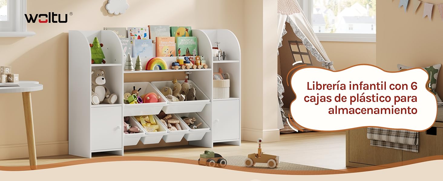El texto dice «weltu» y «Librería infinita en cajas de plástico para almacenamiento». Estantería blanca con múltiples compartimentos que muestra coloridas cajas de almacenamiento y artículos decorativos en el interior de la casa.