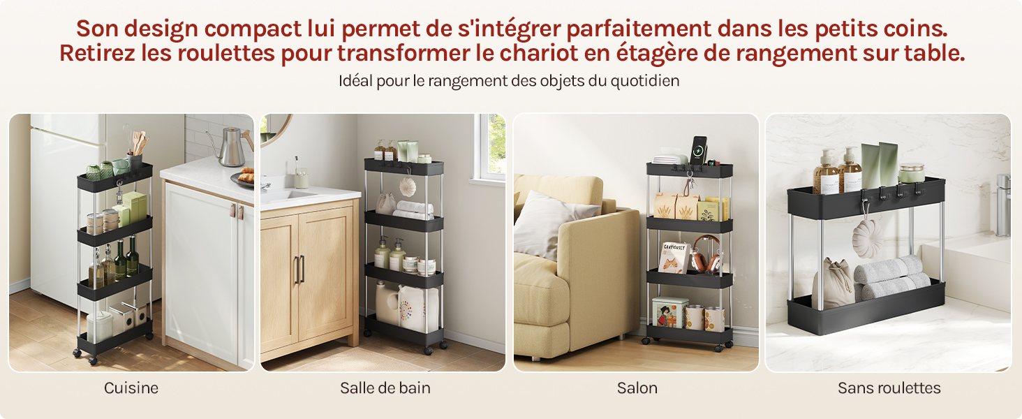 Le texte en français parle de design compact. Collection de photos d'organisation de la cuisine montrant des étagères de rangement, des étagères et des organisateurs de comptoir noirs dans divers arrangements.