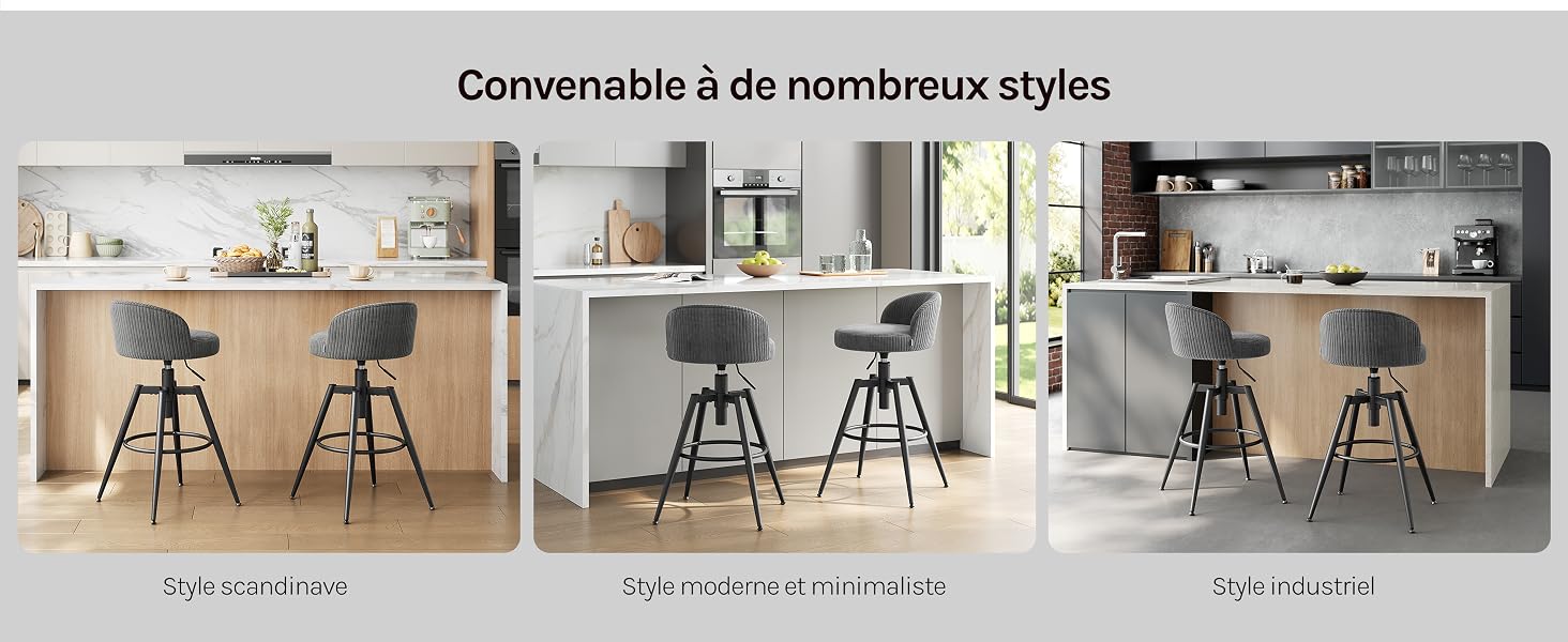 Le texte indique « Convertible à de nombreux styles ». Trois configurations de comptoirs de bar de cuisine illustrées avec des tabourets de bar de différentes finitions et couleurs de bois : options naturel, chêne clair et foncé.