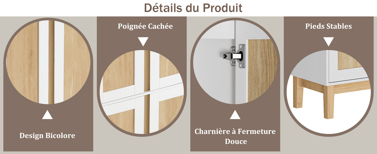 Le texte indique « Détails du produit » avec quatre diagrammes circulaires illustrant les caractéristiques du mobilier : « Design Bicolore », « Poignée Cachée », « Charnière à Fermeture Douce », « Pieds Stables ».
