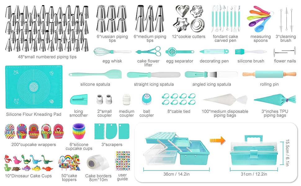 Kit complet de décoration de gâteaux comprenant des embouts, des buses, des spatules, des emballages et une mallette de rangement avec compartiments de rangement