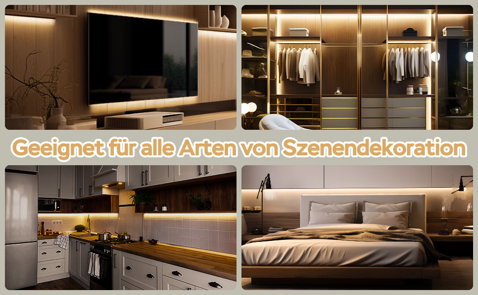 Kompositbild mit moderner Inneneinrichtung: beleuchteter begehbarer Kleiderschrank, Wohnzimmer mit großem Fernseher, moderne Küche mit Unterschrankbeleuchtung und Schlafzimmer mit Umgebungsbeleuchtung