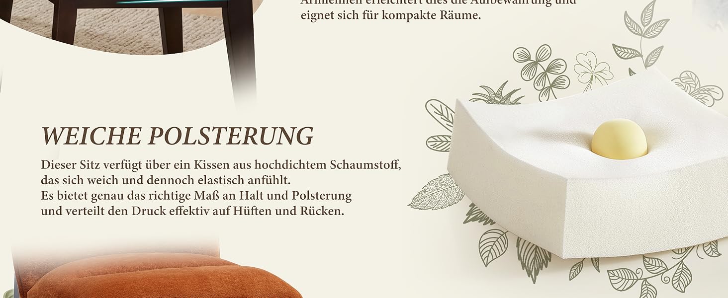 Der Text lautet „WEICHE POLSTERUNG“ und deutscher beschreibender Text über weiche Polster. Hellbraunes und cremefarbenes dekoratives Kissen mit gesticktem botanischem Design und Zierdetails, wie zu Hause.