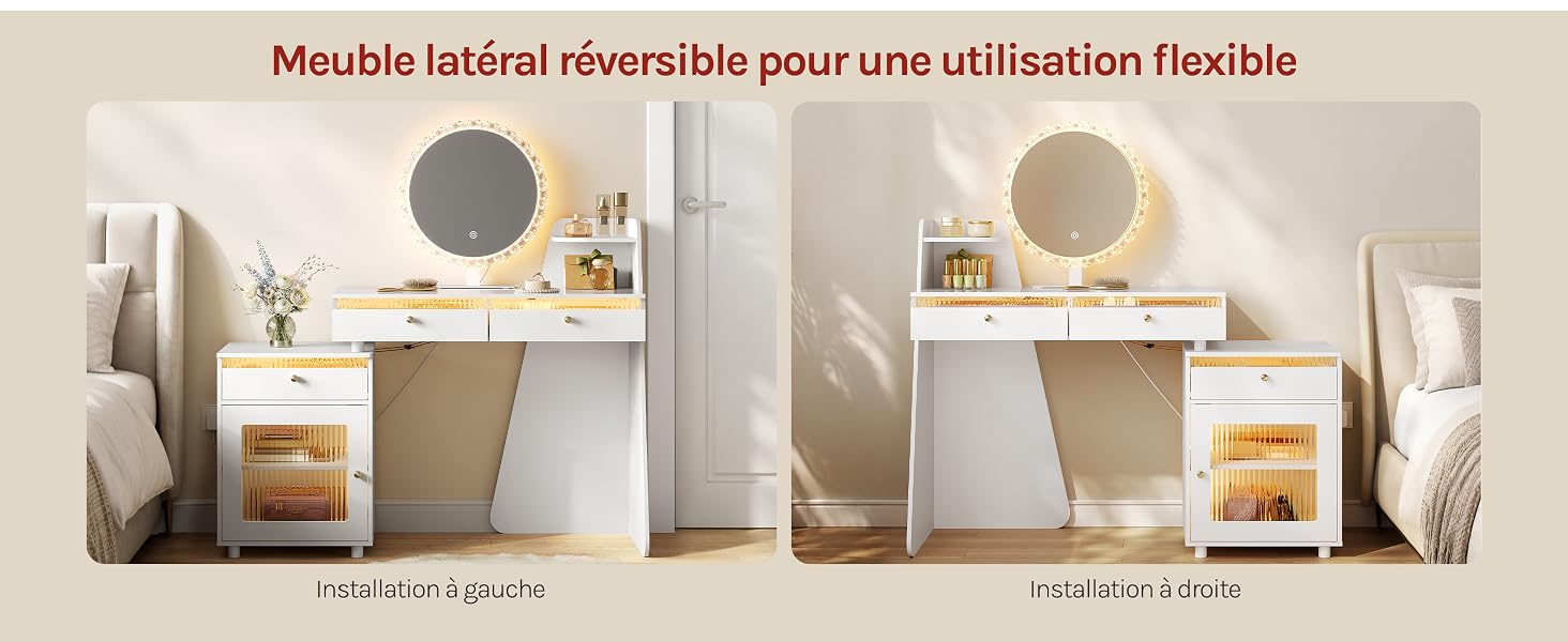 Le texte se lit comme suit : « Meuble latéral réversible pour une utilisation flexible ». Armoire de rangement blanche avec miroir présentée en deux configurations indiquant les orientations d'installation gauche et droite avec des miroirs ronds assortis.