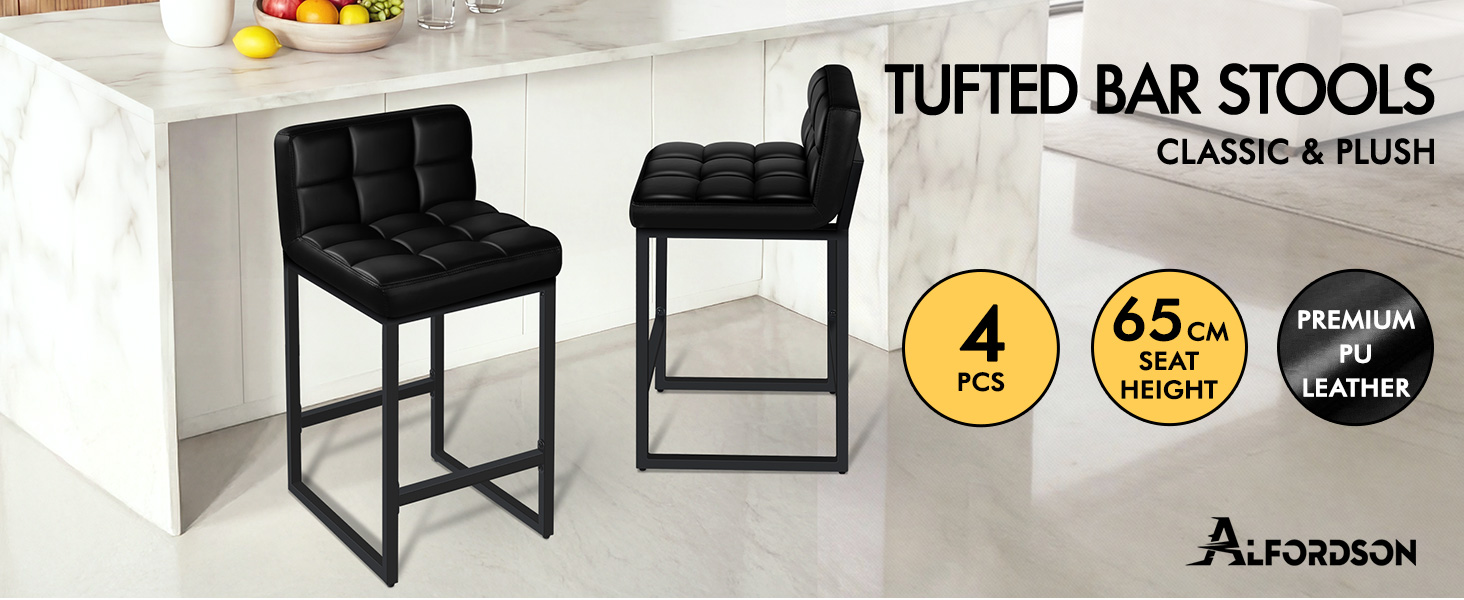 Text reads 'TUFTED BAR STOOLS CLASSIC &amp; PLUSH' and 'ALFOLDOAN'. Black tufted bar stools shown, labeled '4 PCS', '65" HEIGHT', 'PREMIUM LEATHER' specifications.