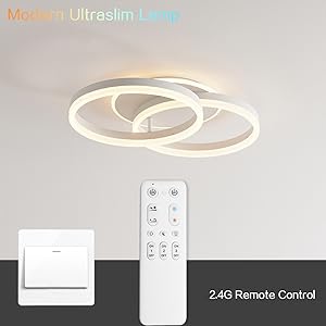 Modern ceiling lamp featuring interlocked circular rings with LED lighting, includes wall switch and 2.4G remote control.