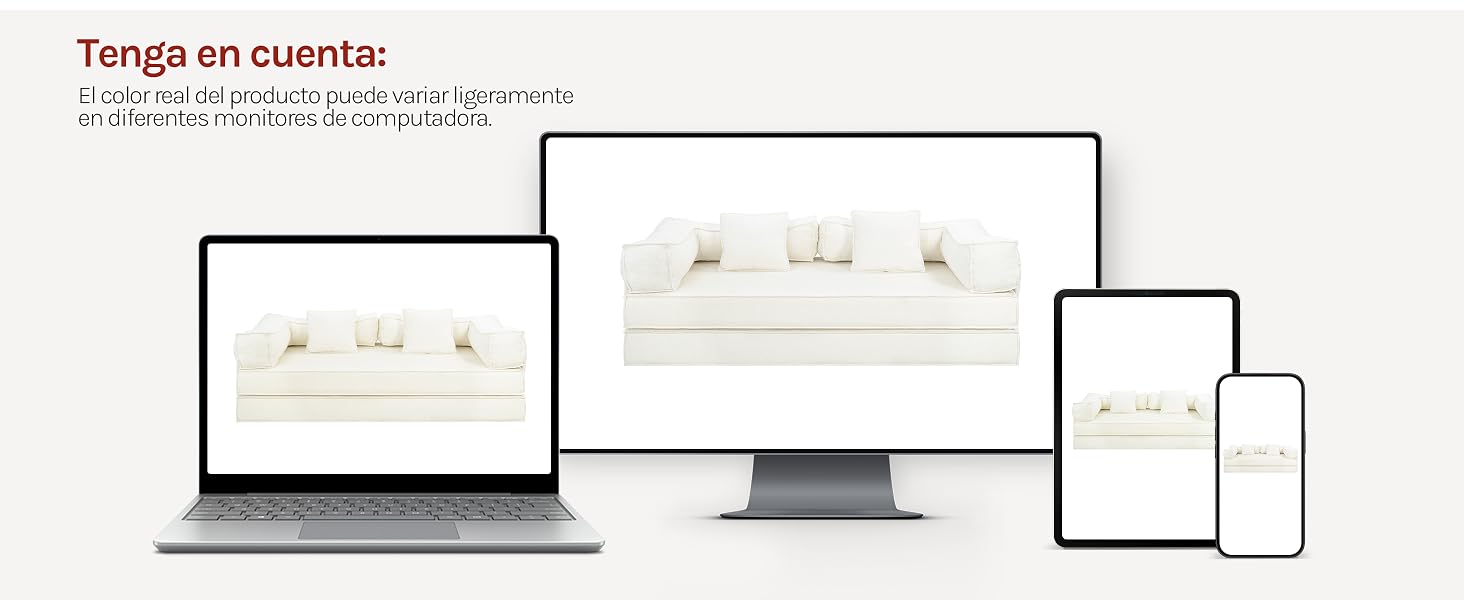 El texto dice «Tenga en cuenta:» con una descripción del diseño adaptable. Maqueta que muestra el diseño del sitio web o la aplicación en varios dispositivos: pantallas de computadoras portátiles, monitores de escritorio, tabletas y teléfonos inteligentes.