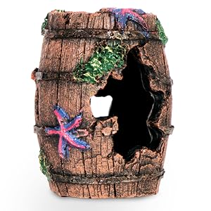 Text reads 'Image 5'. Decorative aquarium ornament showing weathered wooden barrel design with openings, designed for fish habitat.