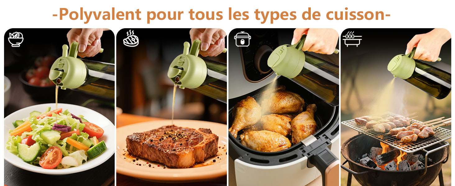 presente selon quatre escenarios de cocina: arroser la salade, assaisonner le bifteck, recouvrir la poêle et brumiser le gril du Barbecue. Fait preuve de polivalence pour diferentes métodos de cocina