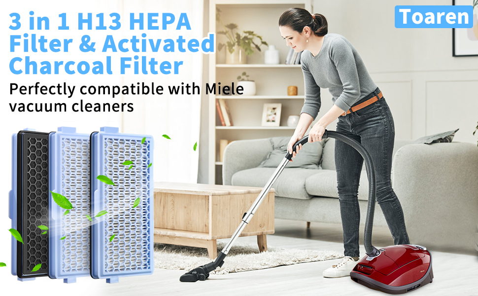 compatible avec les aspirateurs Miele.
[SENTENCE 23] L'image montre des couches filtrantes et une personne utilisant un aspirateur rouge dans un salon.