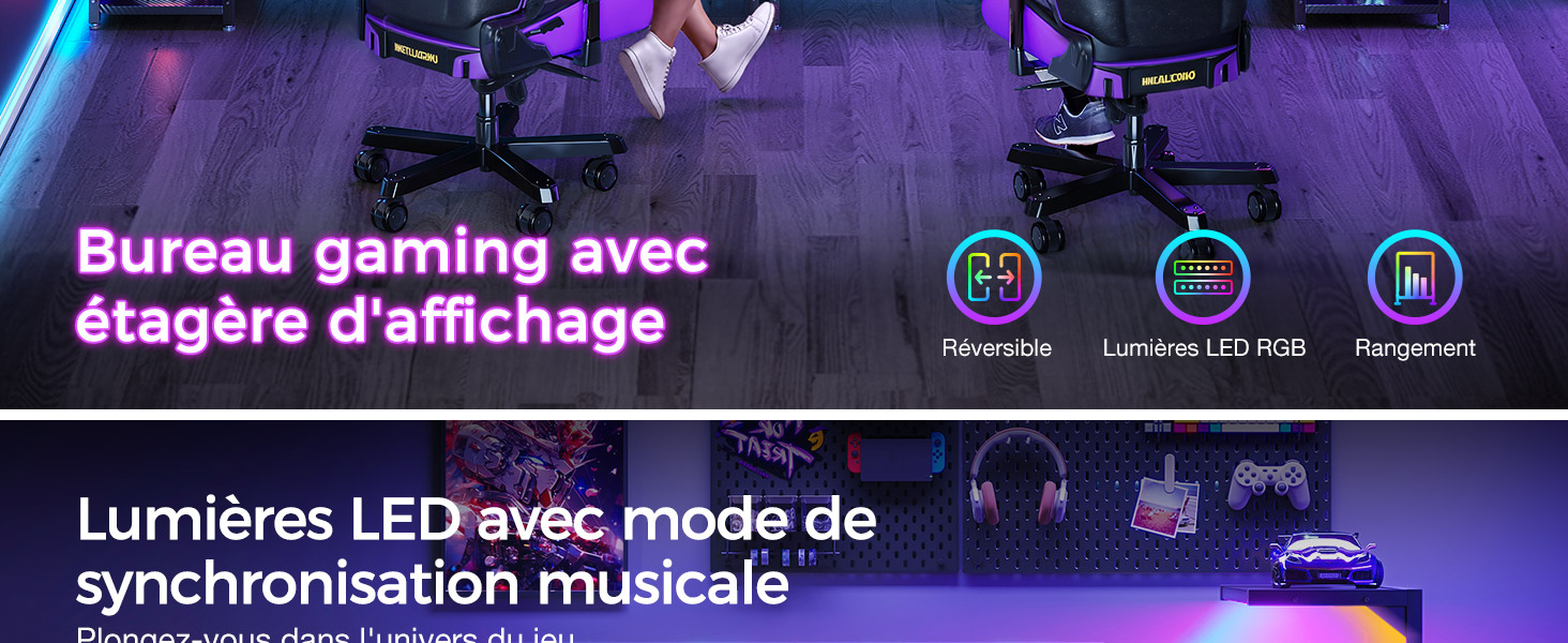 Le texte indique « Bureau gaming avec éclairage RVB » et « Lumières LED avec mode de synchronisation musicale ». Configuration de jeu avec éclairage LED violet et effets RGB.