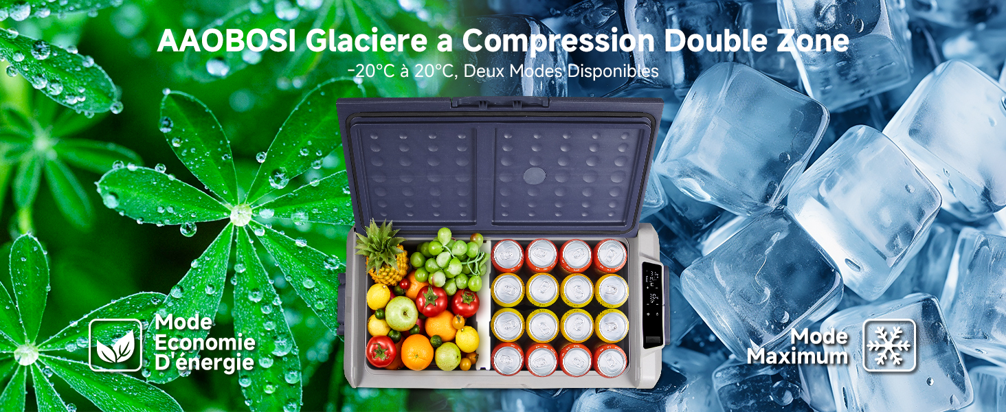 avec deux zones de température, laissant apparaître les fruits et les boissons à l'intérieur. Dispose d'un mode d'économie d'énergie et de réglages de refroidissement maximaux. L'arrière-plan montre des feuilles avec des gouttelettes d'eau et des glaçons.