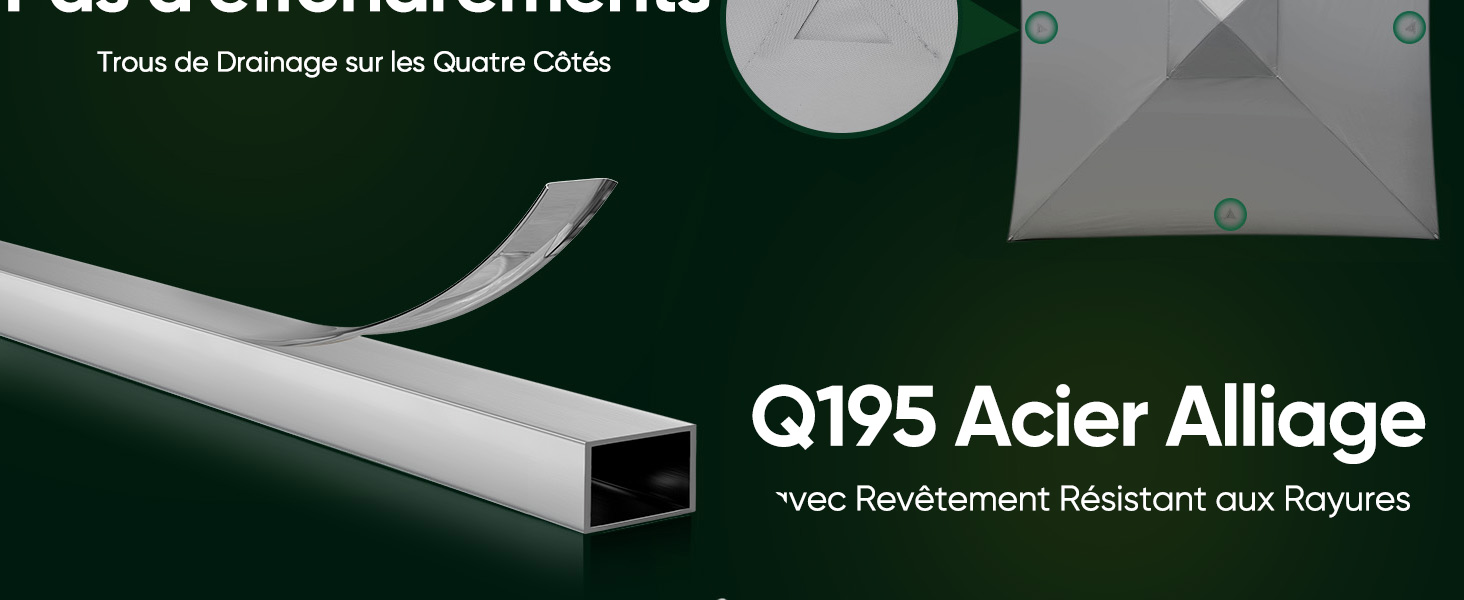 Le texte se lit comme suit : « Q195 Acier Alliage avec Revêtement Résistant aux Rayures ». Image marketing montrant les spécifications du produit en alliage d'acier sur fond vert foncé.
