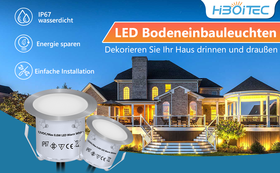 pour la décoration intérieure et extérieure de la maison. Les caractéristiques incluent un indice d'étanchéité IP67, une conception économe en énergie et une installation facile. L'image du produit montre deux lumières blanches circulaires.