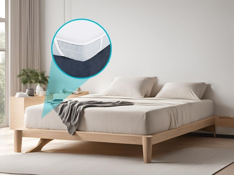 Intérieur de chambre moderne avec lit plateforme en bois, literie grise et incrustation circulaire dans un mur turquoise.