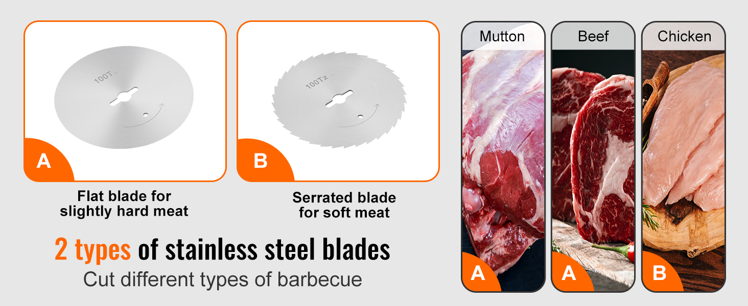 Le texte indique « 2 types de lames en acier inoxydable ». Images de démonstration de produits montrant des lames métalliques et des outils de coupe.