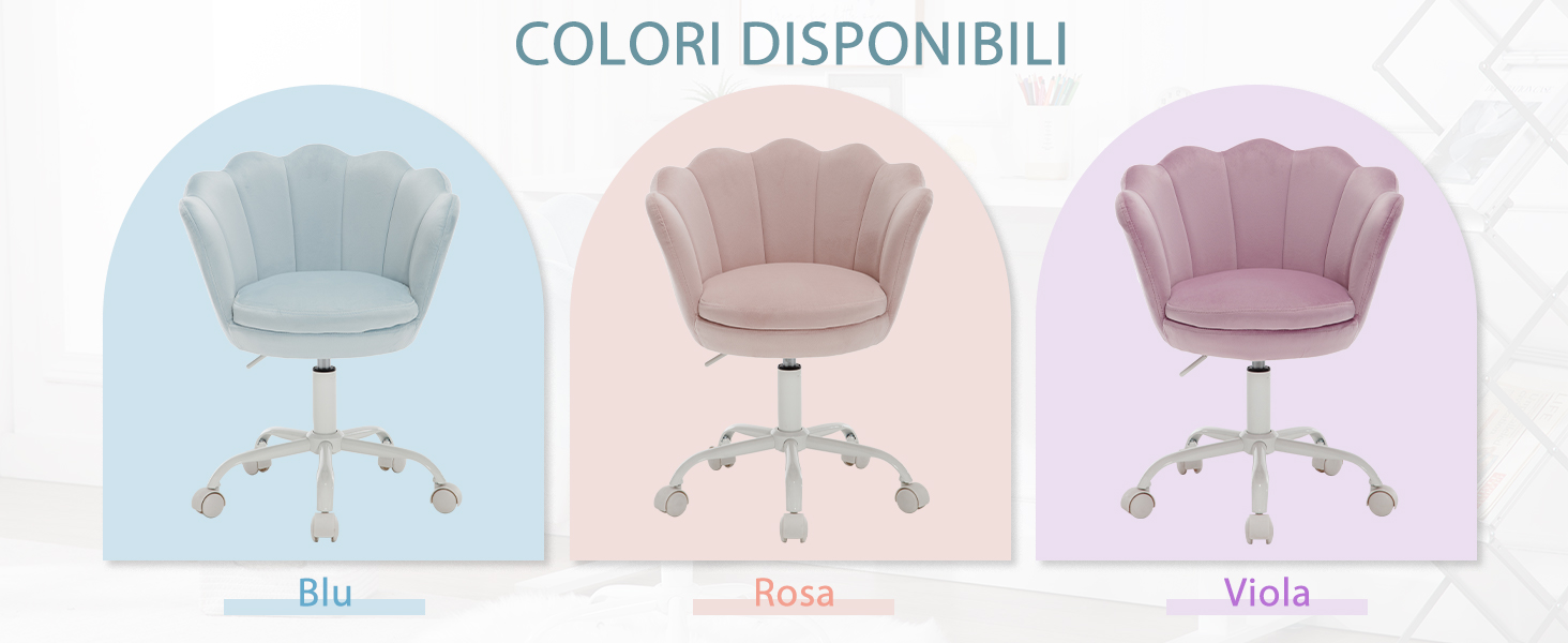 Tre sedie da ufficio a forma di conchiglia in diversi colori pastello: blu, rosa e viola. Ogni sedia presenta uno schienale smerlato, una seduta imbottita e una base con ruote argentata