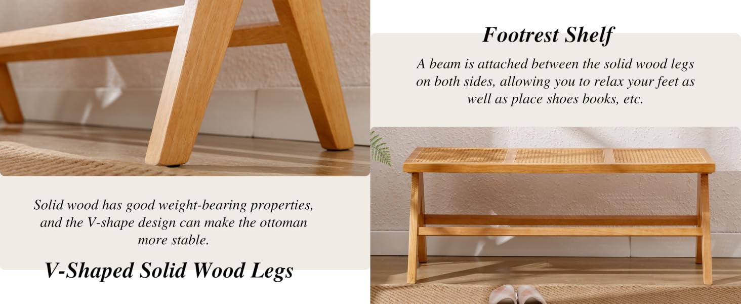 Wooden bench with V-shaped legs and a lower shelf. Features solid wood construction with a woven seat surface and footrest shelf for storage.