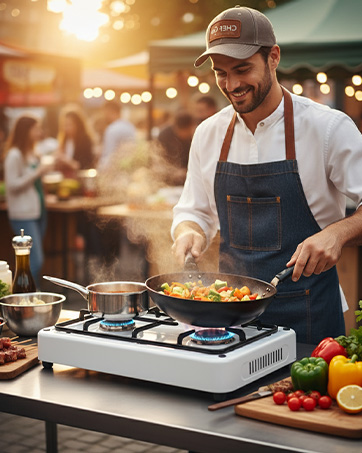 Cook in denim apron and cap using portable gas stove to prepare food in outdoor setting. Scene shows fresh ingredients and warm evening lighting.