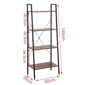 con cuatro niveles. Dimensiones mostradas: 140 cm de altura, 60 cm de ancho, 35 cm de profundidad. Estructura de metal con estantes de madera con un diseño de estilo industrial